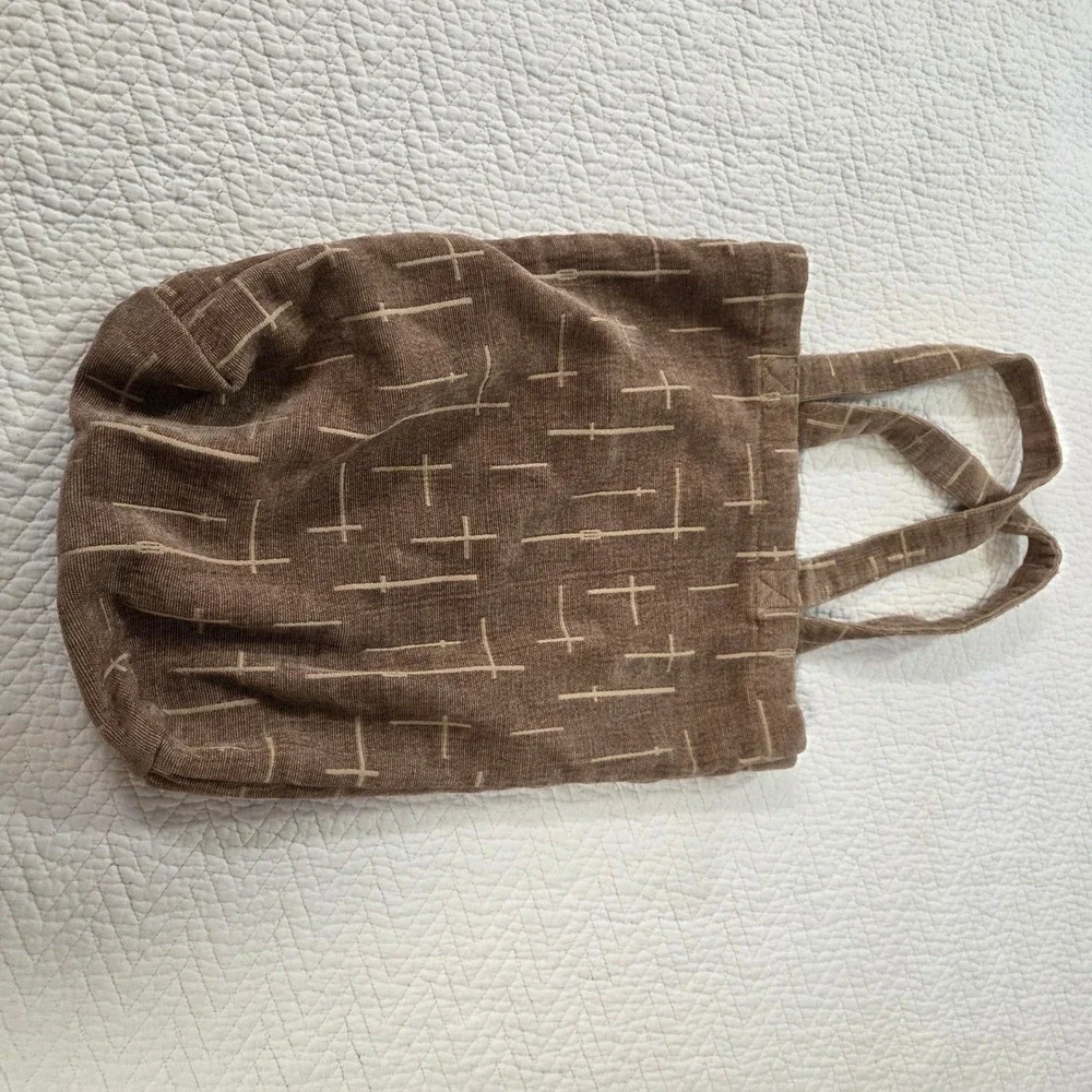 Brown Corduroy Abstract Cross Print‎ Tote Bag Minimalist Boho Shopper Handbag